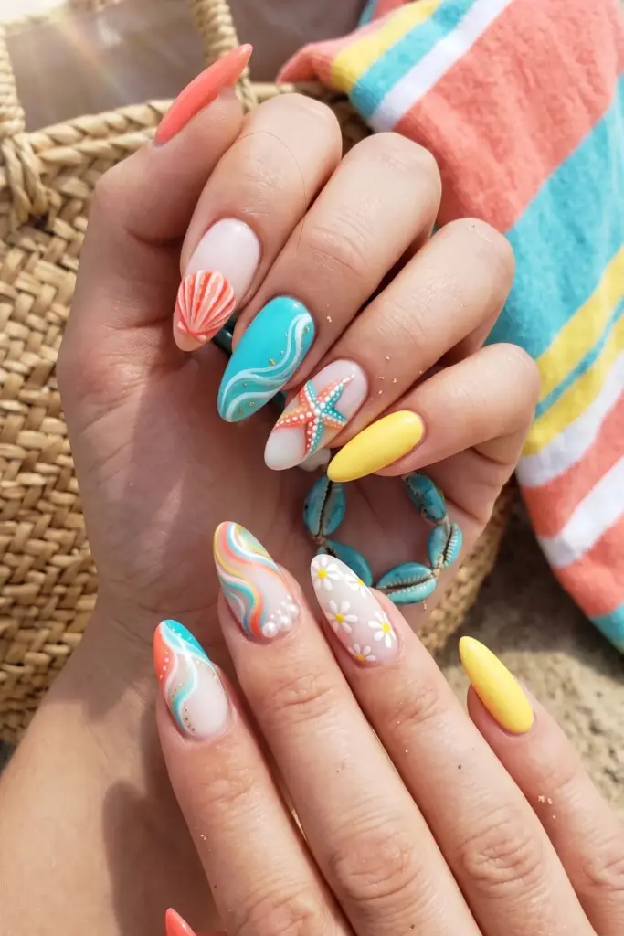 Detailed Beach Scene on Long Nails Detailed Beach Scene on Long Nails — cute nail designs