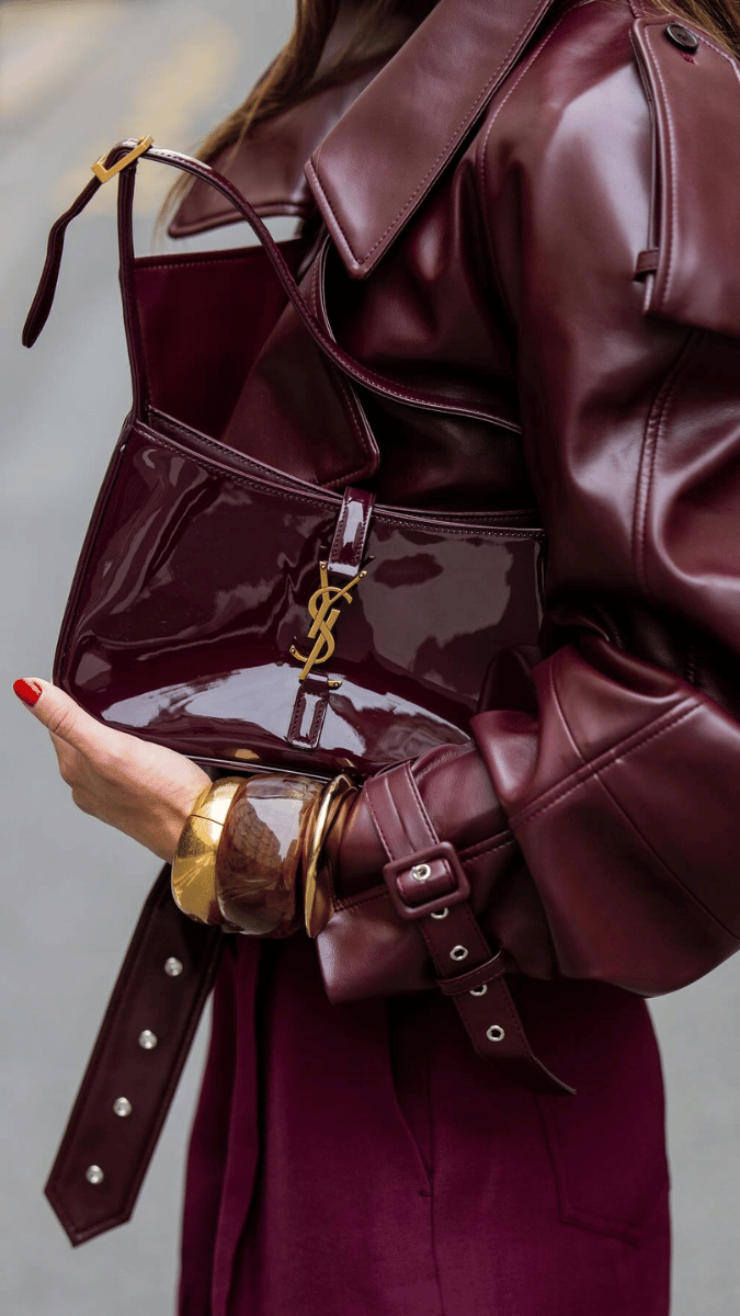 Casual Day Out Burgundy Leather Jacket and Trousers with Patent Handbag Casual Day Out Burgundy Leather Jacket and Trousers with Patent Handbag — Burgundy Outfits