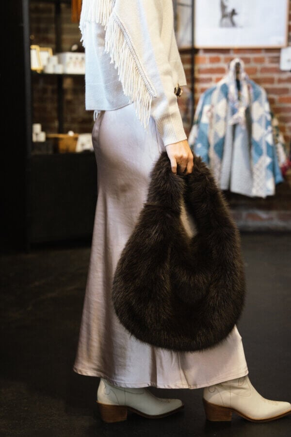Textured Grey Sweater and Satin Skirt with Faux Fur Handbag — Nashville Winter Outfits