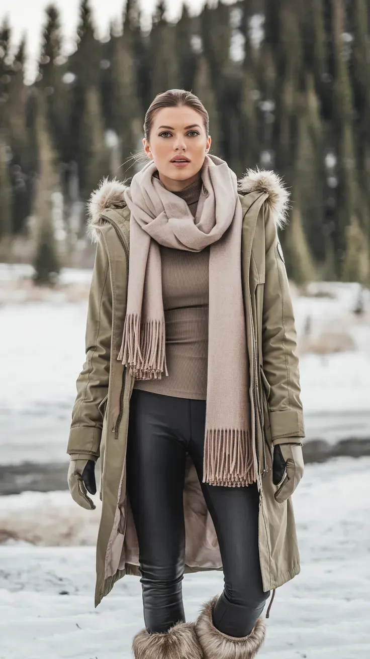 Olive Green Parka with Fur Hood for Cold Weather Outings — Snow Day Outfits