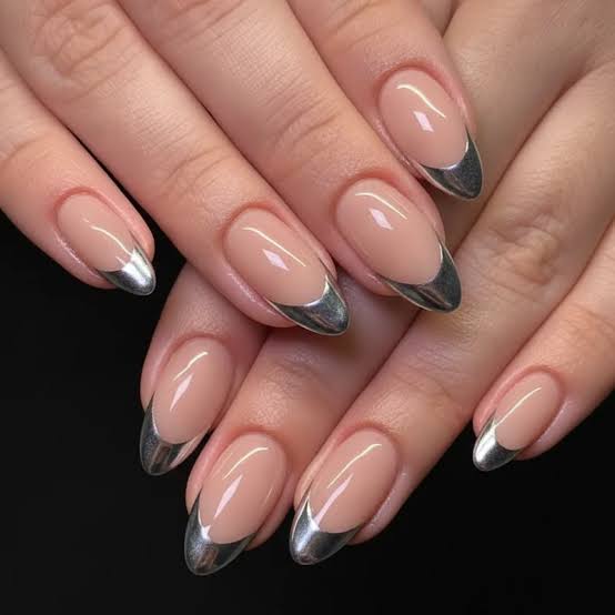 Medium Almond Chrome French Tips Nude Base Medium Almond Chrome French Tips Nude Base — Silver Chrome Nails