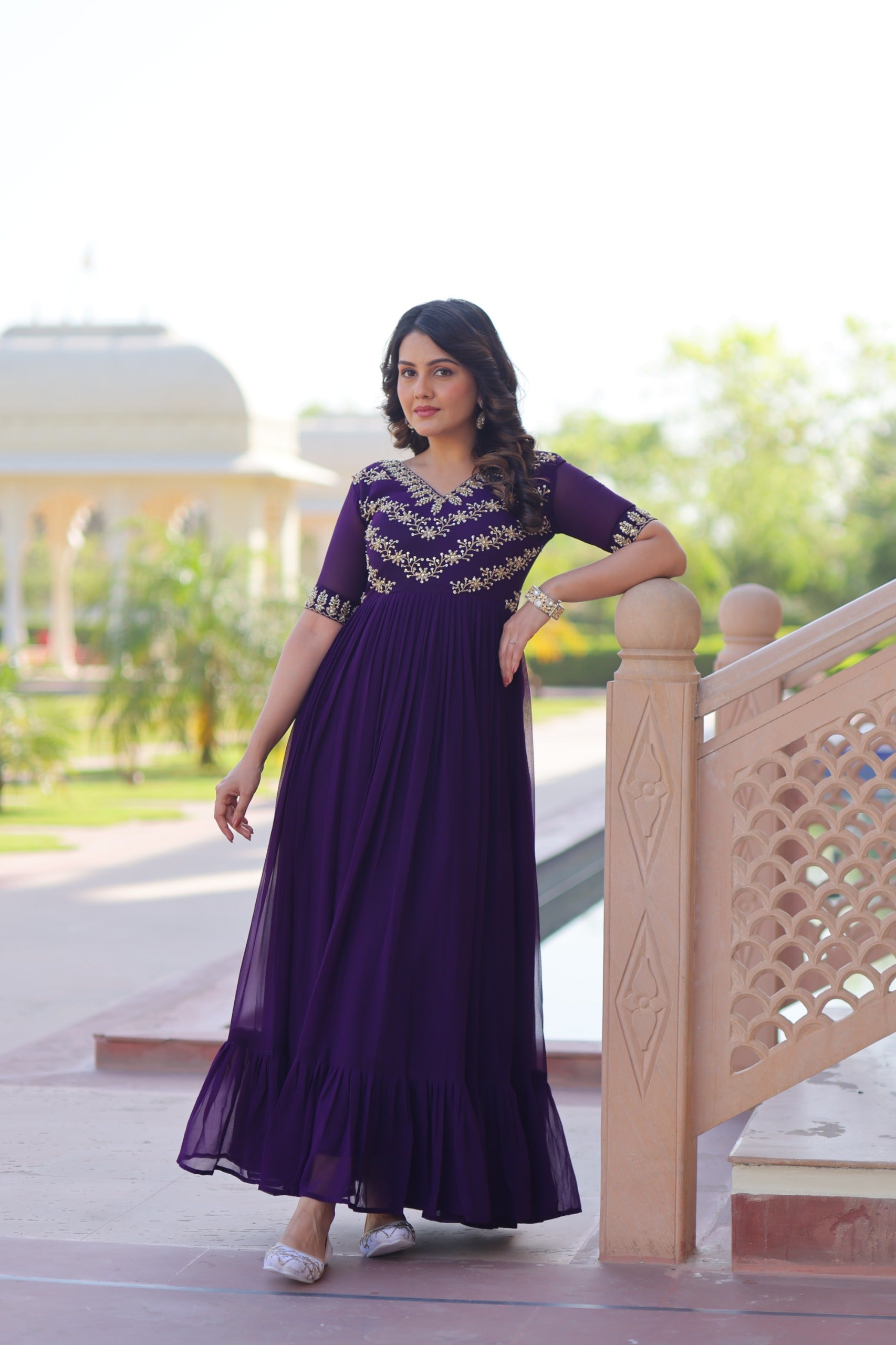 Festive Deep Royal Purple Georgette Anarkali with Gold Handwork Festive Deep Royal Purple Georgette Anarkali with Gold Handwork — Royal Purple Outfits