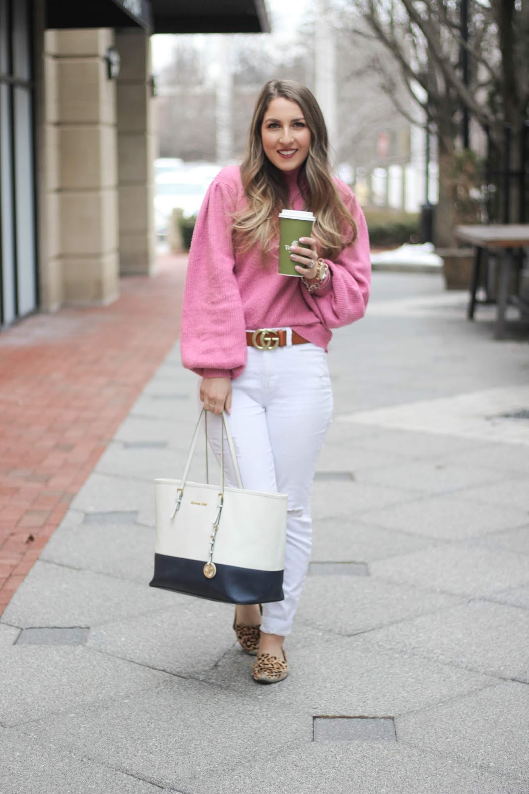 Pink Balloon-Sleeve Sweater with White Jeans — Winter to Spring Transition Outfits