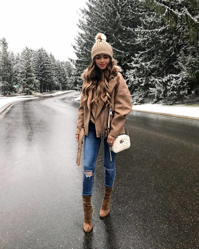 Tan Pom-Pom Beanie with Faux Fur Moto Jacket and Jeans Tan Pom-Pom Beanie with Faux Fur Moto Jacket and Jeans — Beanie Outfits