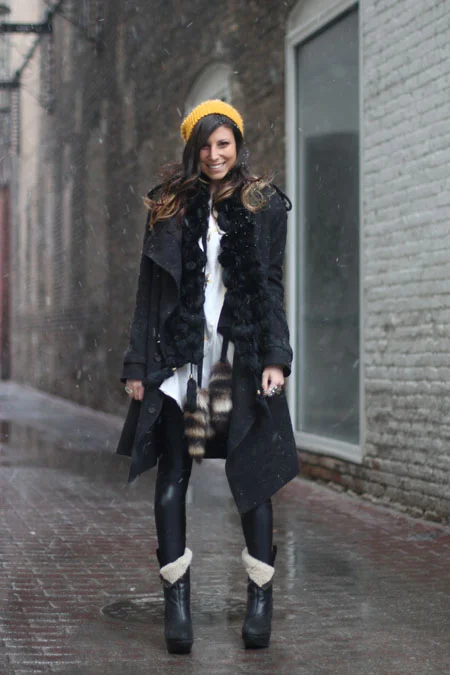 Fur-Trimmed Coat with Yellow Beanie Fur-Trimmed Coat with Yellow Beanie — Chicago Winter Outfits