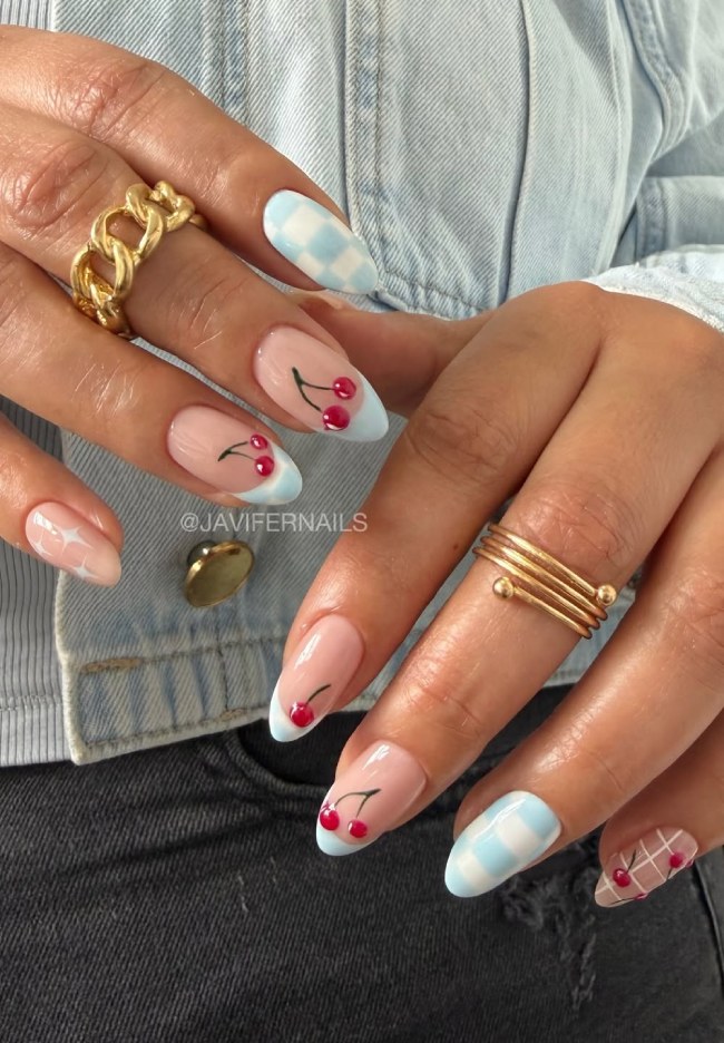 Cherry Checkered French Almonds Cherry Checkered French Almonds — almond nail designs