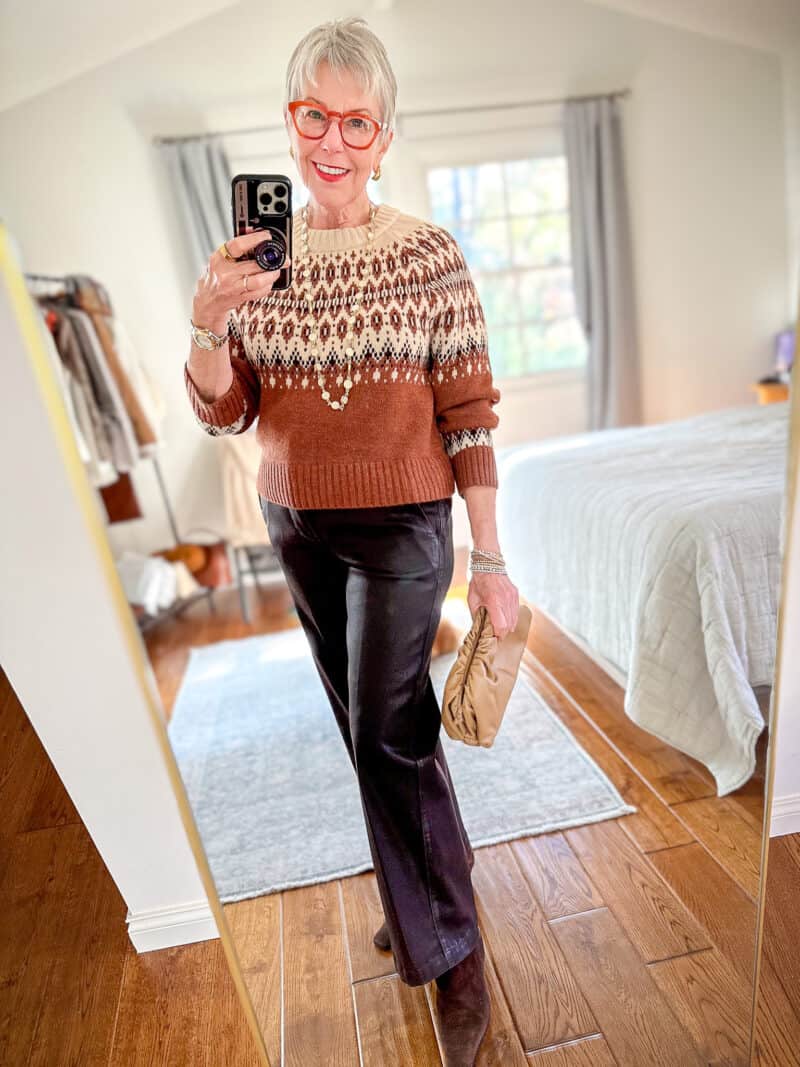 Brown and Cream Fair Isle Sweater with Dark Pants Brown and Cream Fair Isle Sweater with Dark Pants — Fair Isle Sweater Outfits