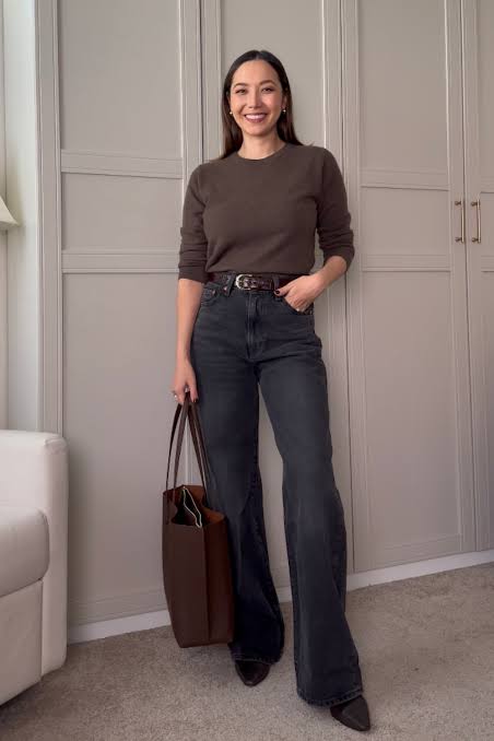 Sophisticated Neutrals: Dark Grey Wide-Leg Jeans with Brown Sweater — Winter Outfits with Jeans