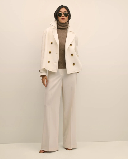 Monochromatic Elegance: Cream Peacoat with Wide-Leg Trousers — Peacoat Outfits