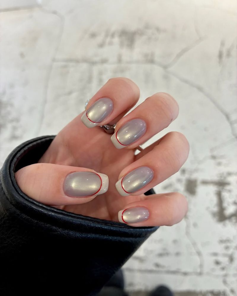 Pale Grey Chrome with Red Lines Pale Grey Chrome with Red Lines — Winter Chrome Nails