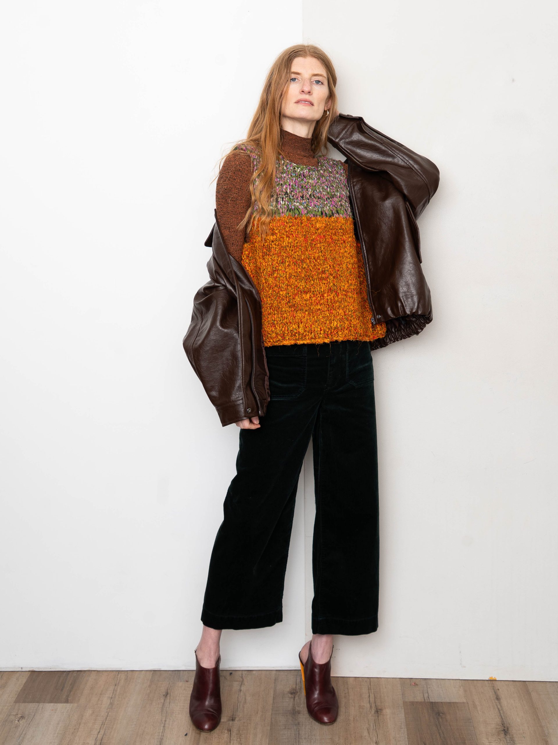 Textural Mix: Leather Jacket, Knit Vest, Corduroy Trousers Textural Mix: Leather Jacket, Knit Vest, Corduroy Trousers — Winter Layering Outfits