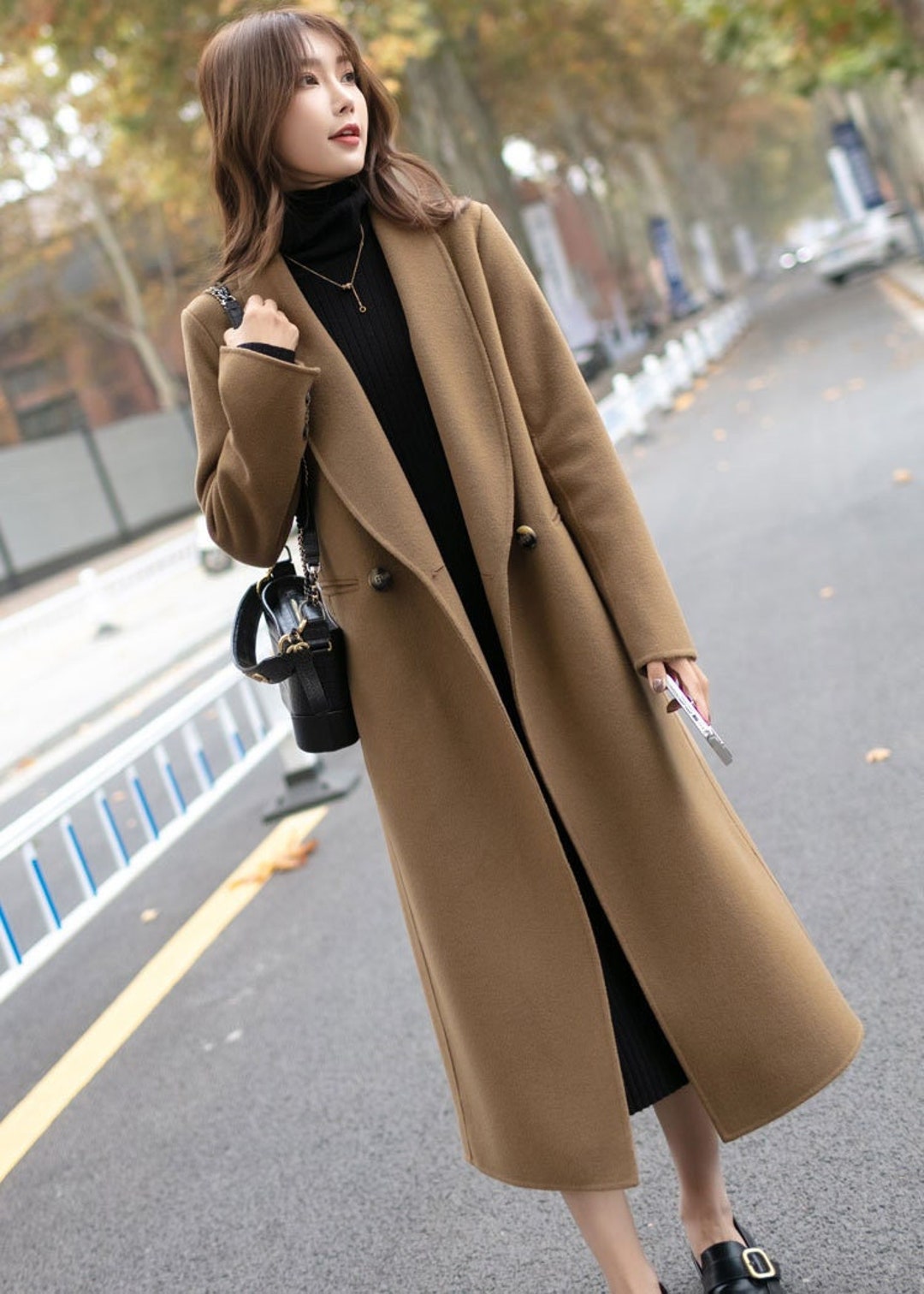 Long Camel Coat Over Black Turtleneck Dress — Korean Winter Outfits