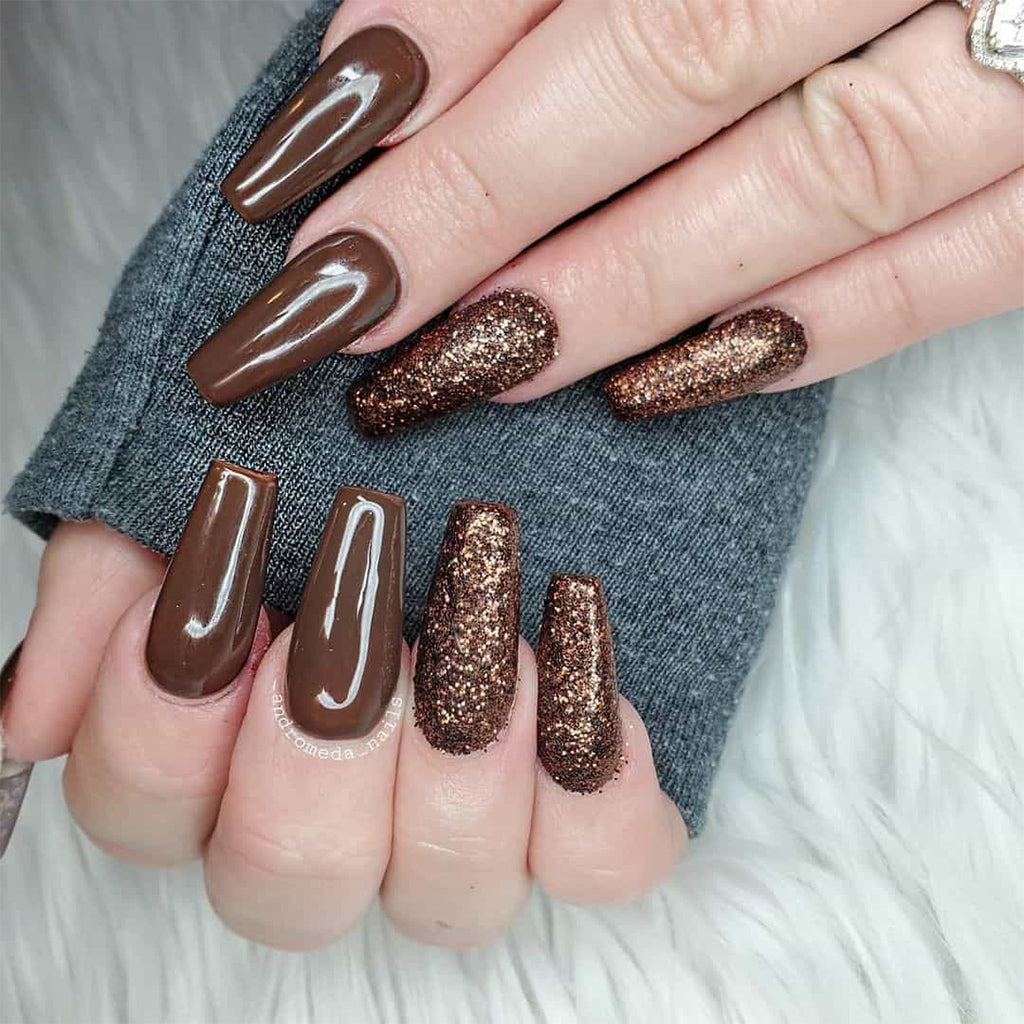 Glossy Brown and Bronze Glitter Coffin Nails Glossy Brown and Bronze Glitter Coffin Nails — Chocolate Brown Nails