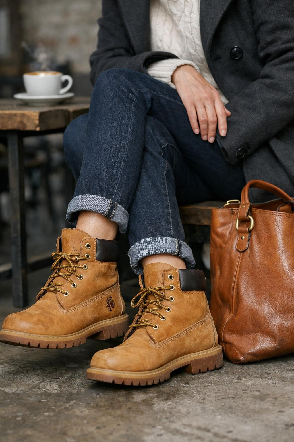 Textural Play: Cuffed Jeans and Cable Knit Under Grey Coat — Timberland Boots Outfits