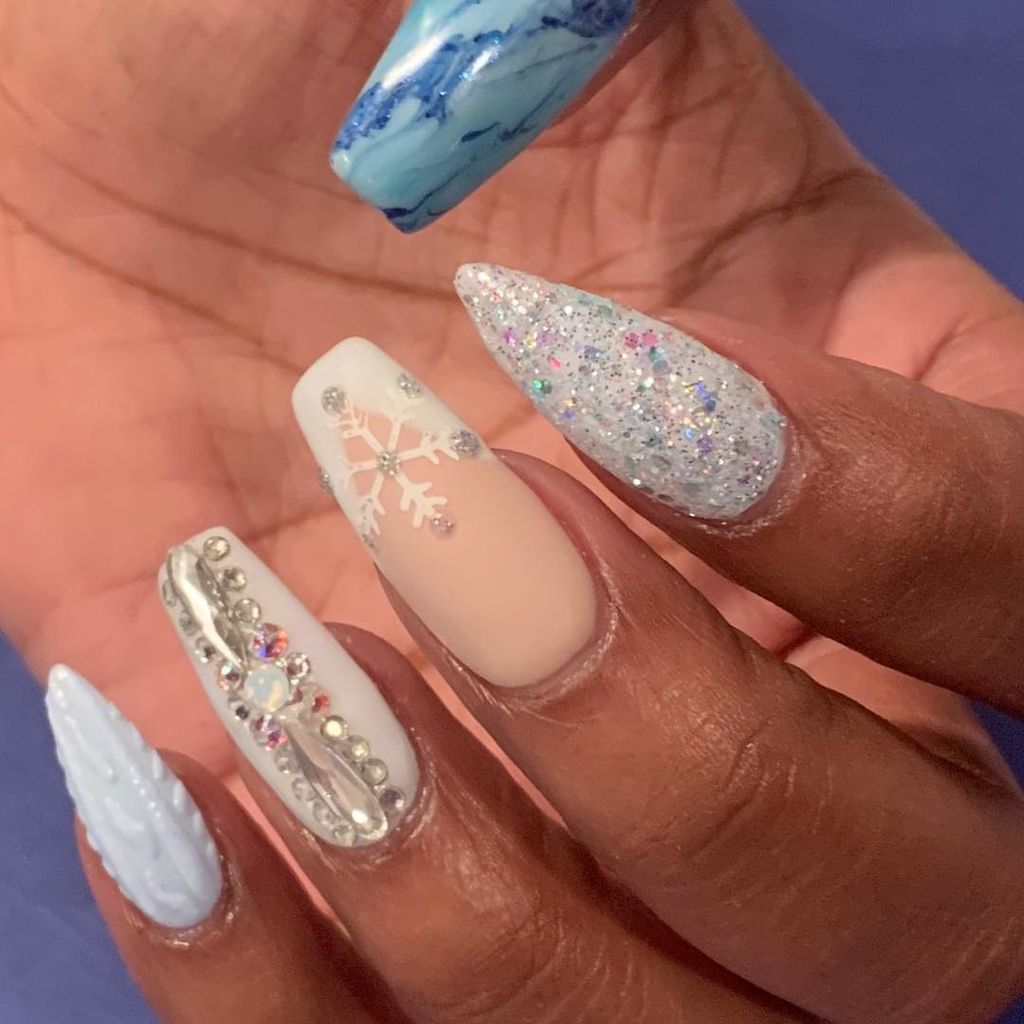 Matte Nude Rhinestone Snowflake Coffins Matte Nude Rhinestone Snowflake Coffins — Winter Formal Nails