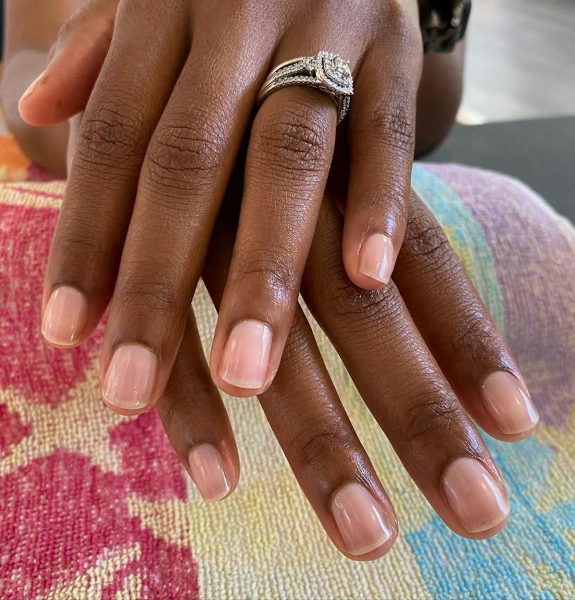 Sheer Nude Pink Glossy Short Square Nails Sheer Nude Pink Glossy Short Square Nails — Winter Nail Colors for Dark Skin
