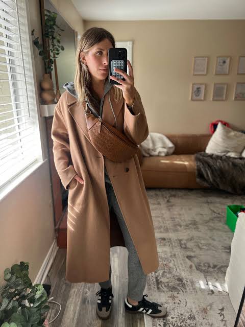 Long Camel Coat with Grey Hoodie and Trousers Long Camel Coat with Grey Hoodie and Trousers — Winter Outfits for Warm Weather