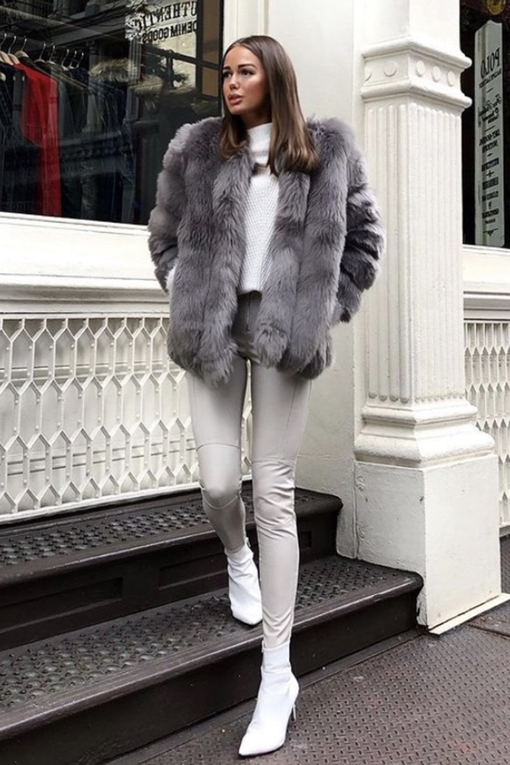 Grey Faux Fur Coat for Chic City Casualness — Shearling Coat Outfits