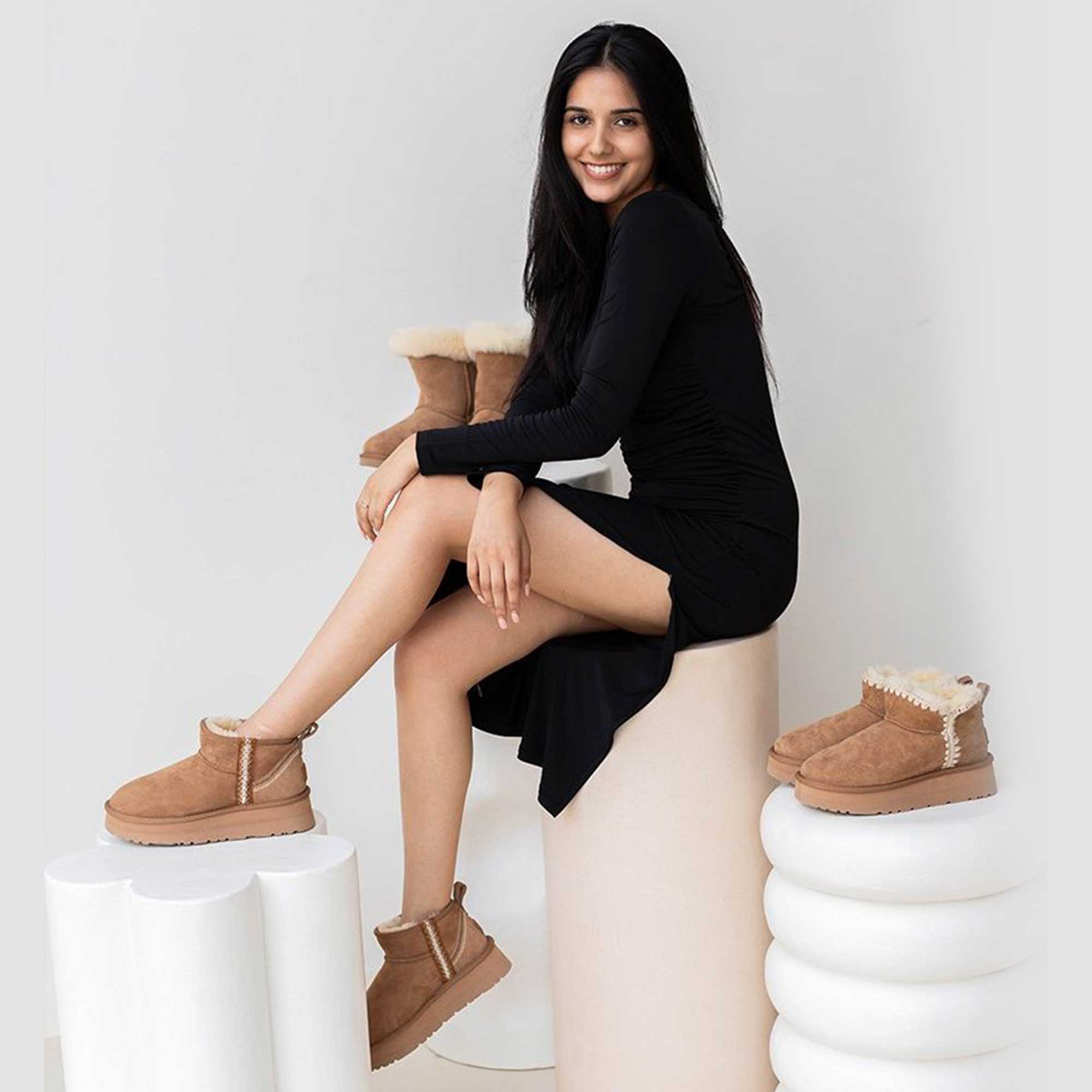 Fitted Dress and Shearling Uggs for Modern Contrast Fitted Dress and Shearling Uggs for Modern Contrast — Ugg Boots Outfits
