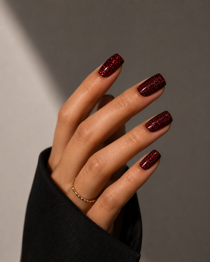 Full Glitter Coverage On All Nails Dense Deep Red Glitter Full Glitter Coverage On All Nails Dense Deep Red Glitter — Short Winter Gel Nails
