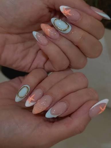Sheer Pink Almond with Starfish Accents — trendy almond nail designs