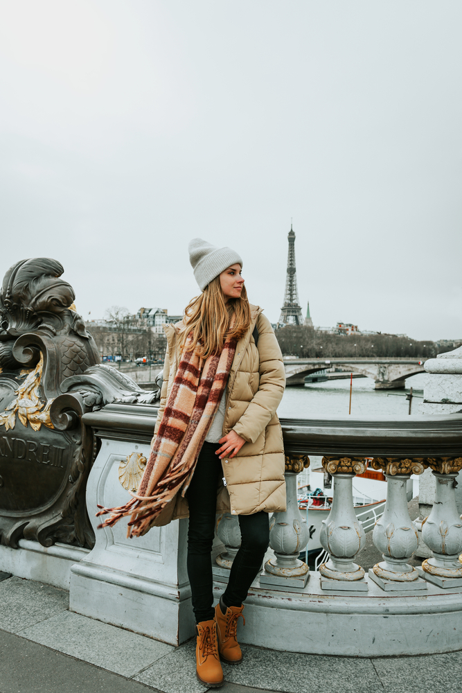 Long Beige Puffer Coat with Plaid Scarf and Beanie — Paris Winter Outfits