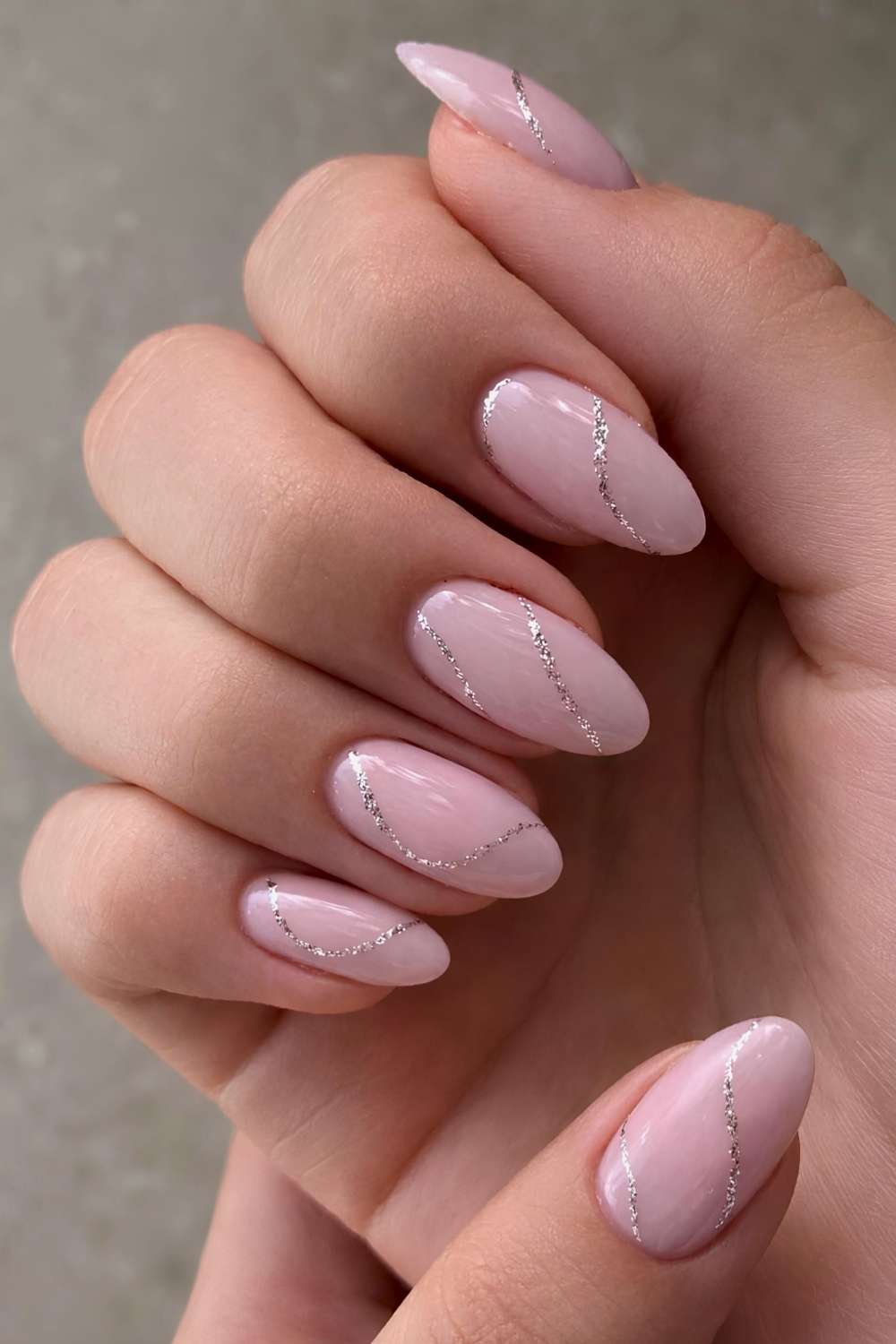 Pale Pink Silver Line Almond Nails Pale Pink Silver Line Almond Nails — Everyday Winter Nails