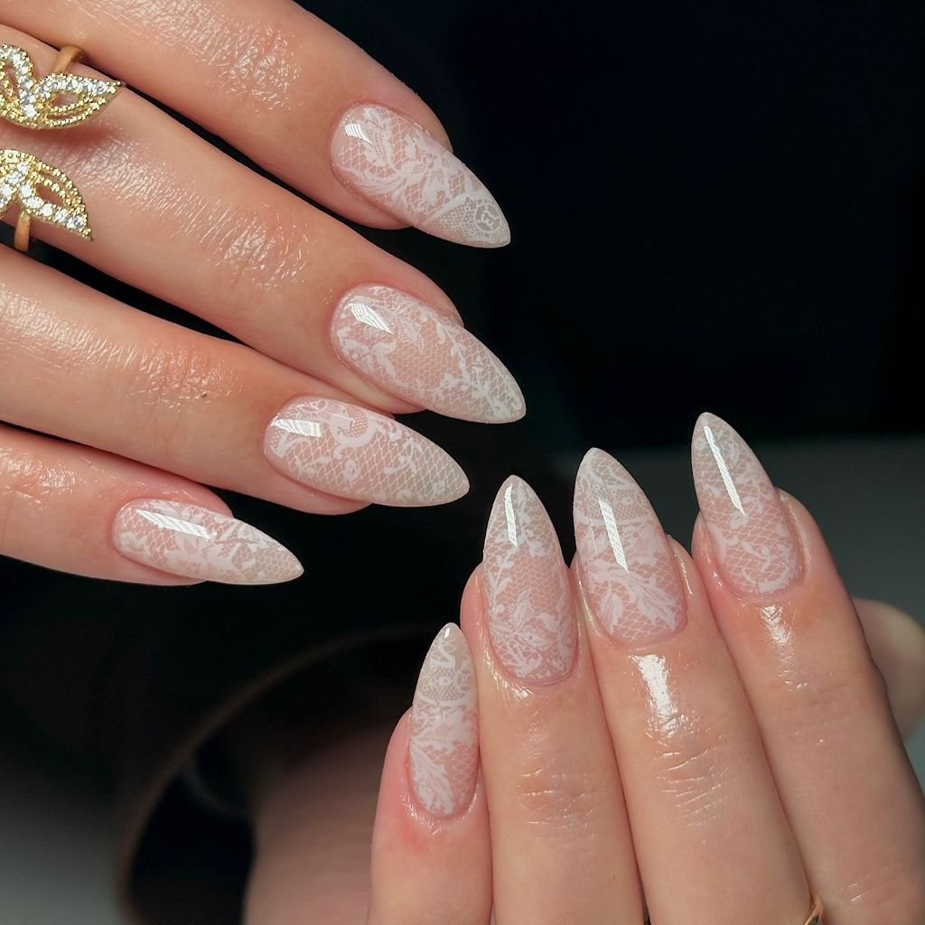 White Lace Stiletto Nails White Lace Stiletto Nails — Winter Wedding Nails