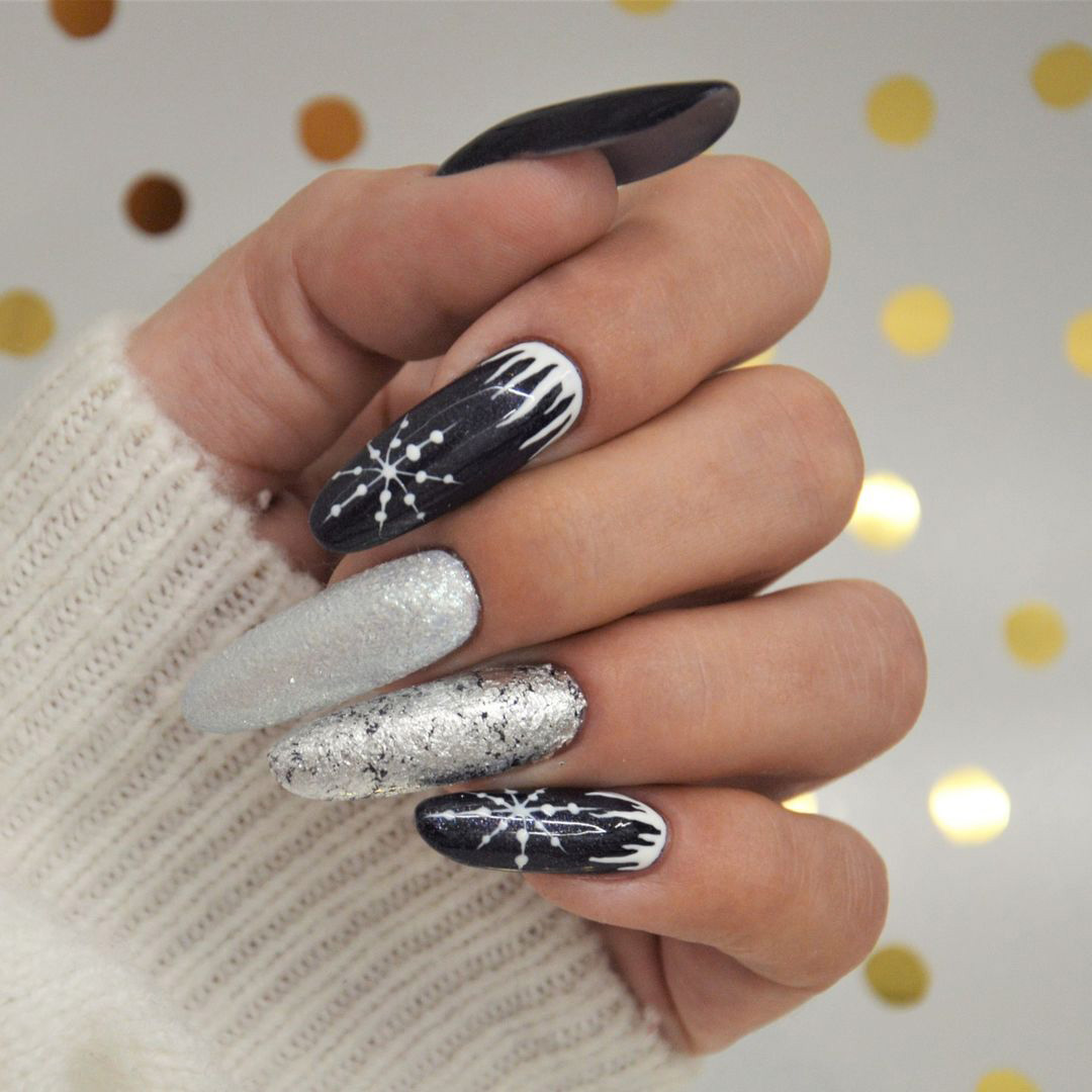 Glossy Black Snowflake Silver Accents Glossy Black Snowflake Silver Accents — Dark Winter Nails