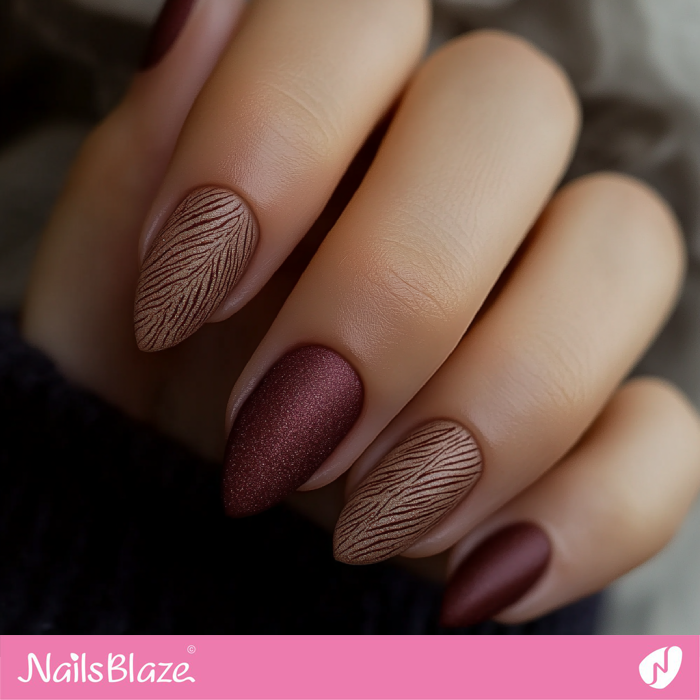 Burgundy Matte With Bronze Feather Pattern Burgundy Matte With Bronze Feather Pattern — Winter Matte Nails