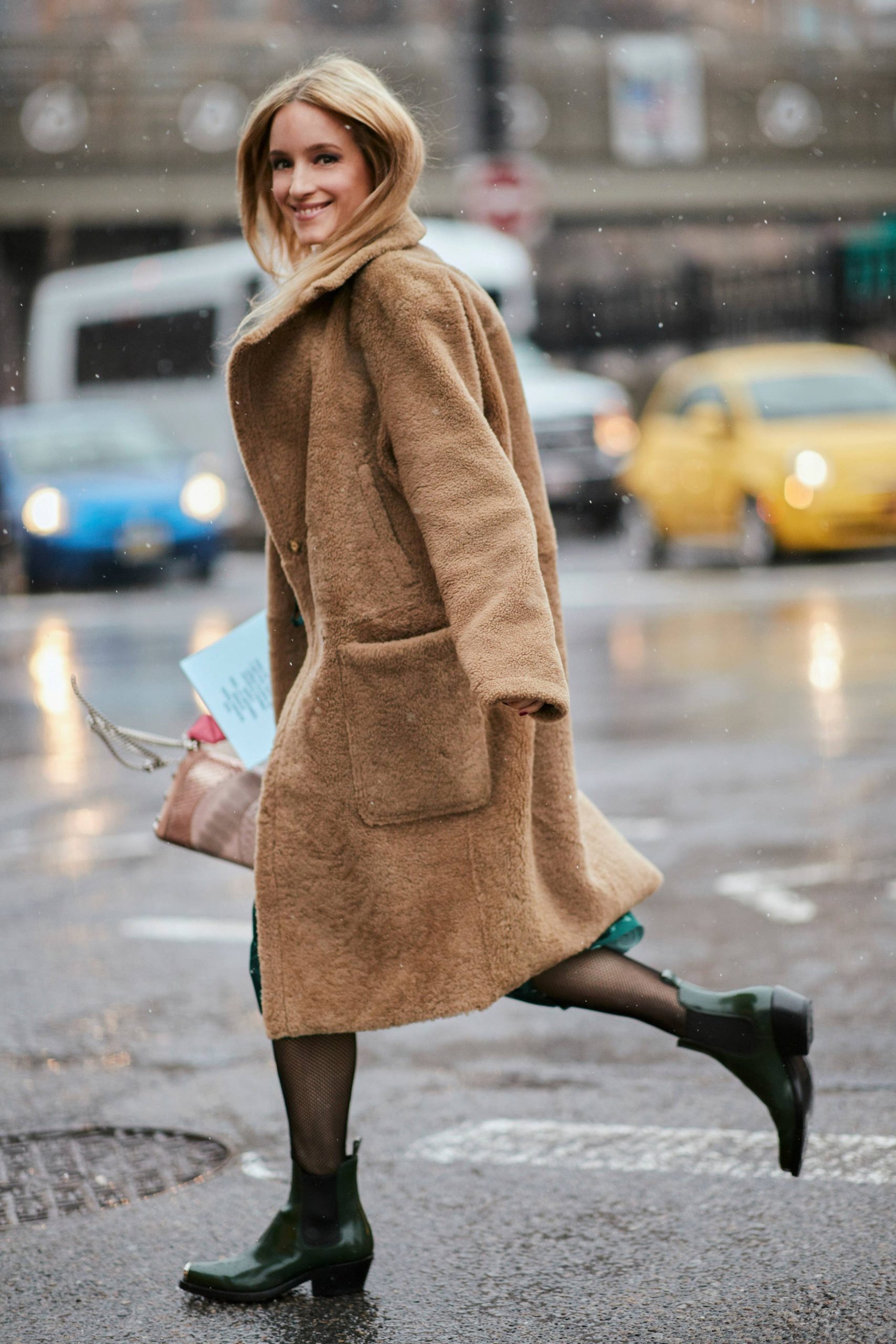Unexpected Contrast: Camel Teddy Coat with Green Dress — Teddy Coat Outfits