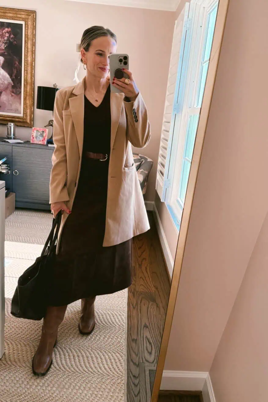Camel Blazer Over Black Dress with Brown Boots — Late Winter Outfits