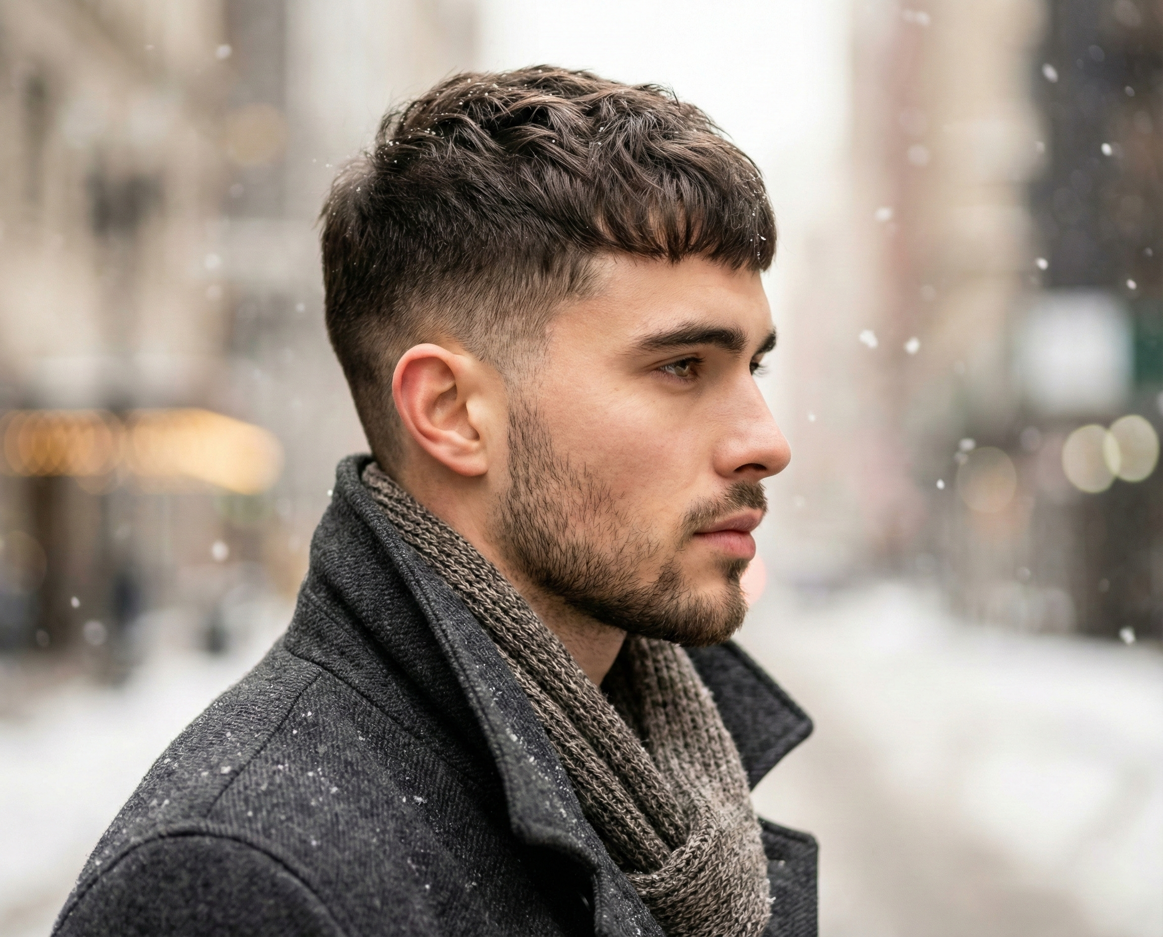 Textured Crop With Fringe in Snow Textured Crop With Fringe in Snow — Winter Haircuts for Men