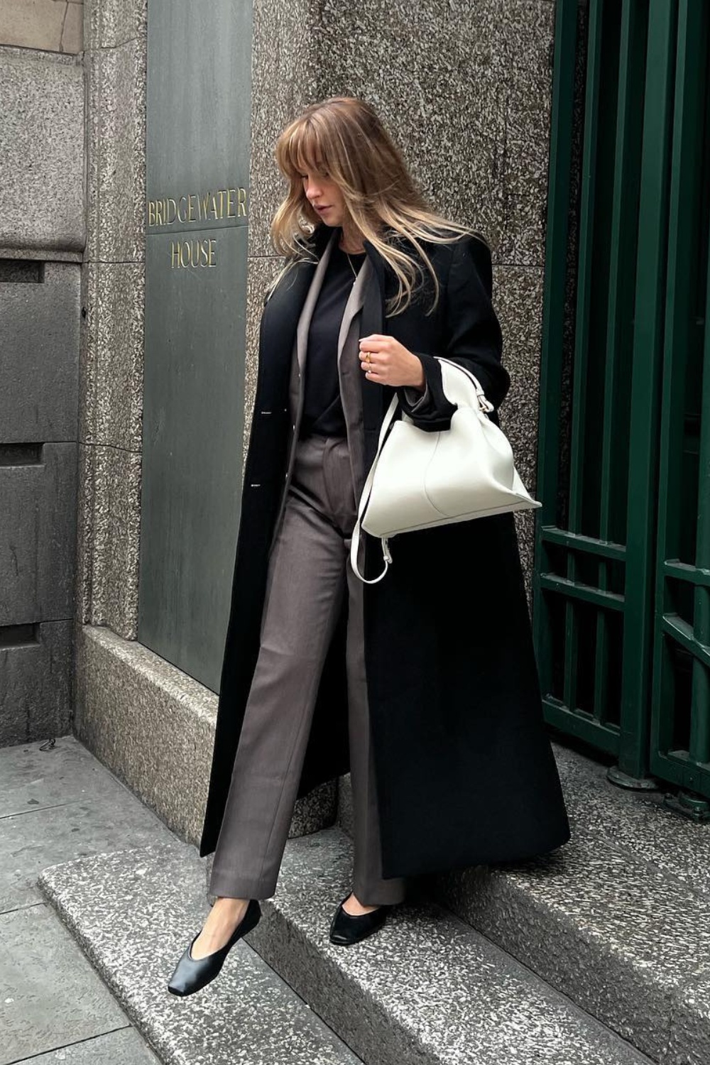 Oversized Black Coat with Neutral Trousers — Black Coat Outfits