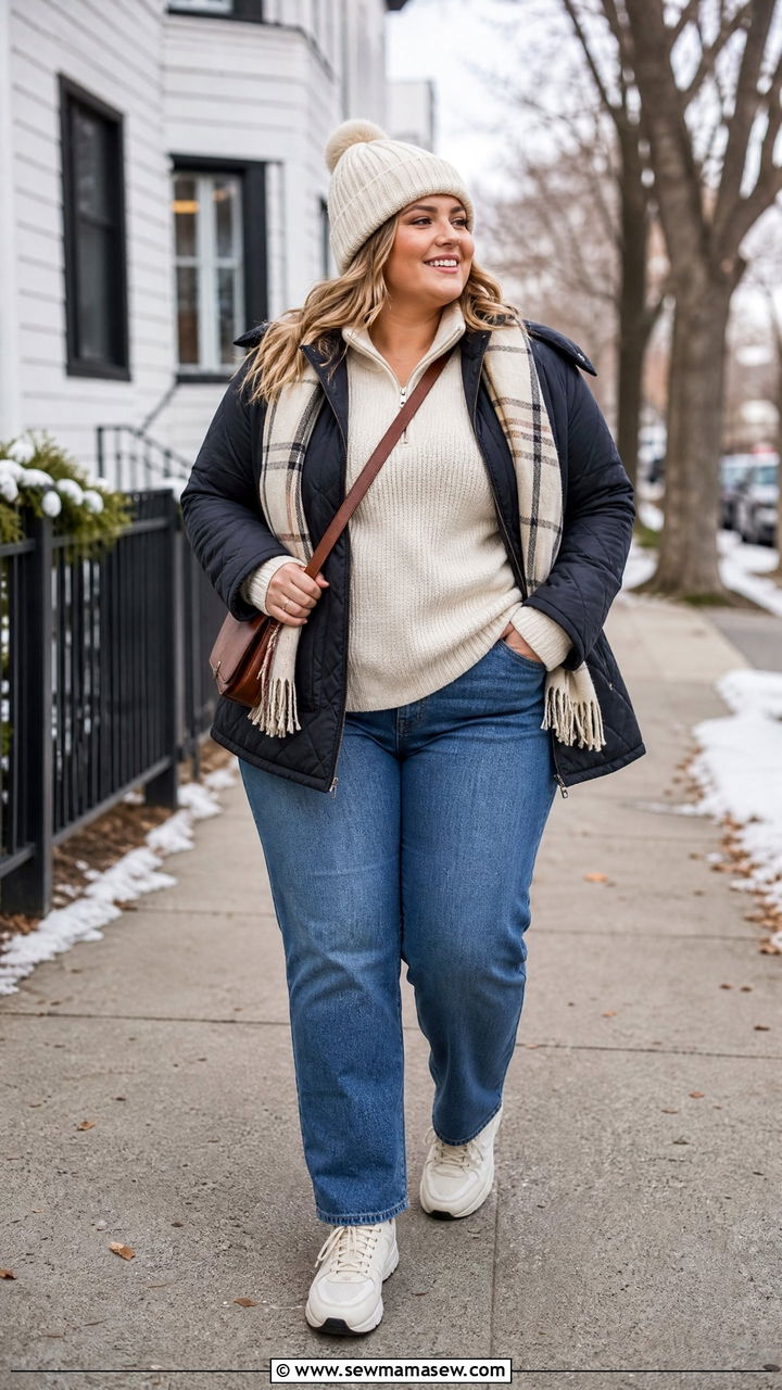 Casual Quilted Puffer Jacket with Plaid Scarf Casual Quilted Puffer Jacket with Plaid Scarf — Winter Outfits for Plus Size Women