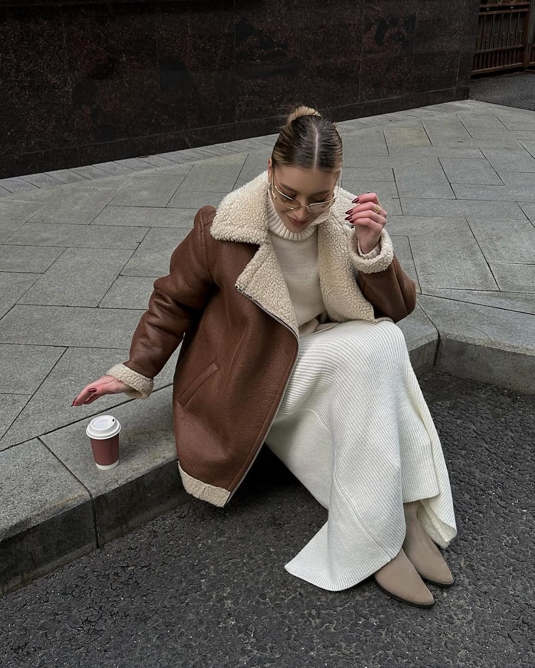 Cream Knit Maxi Skirt with Shearling Jacket — Winter Skirt Outfits