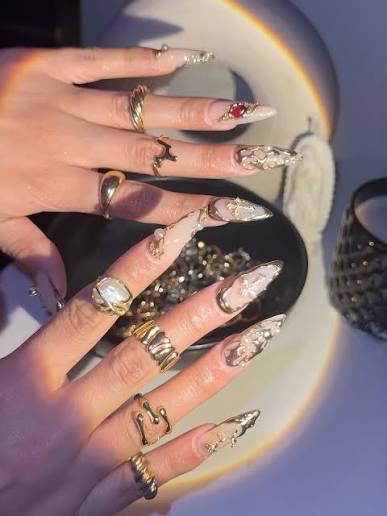 Nude with Gold Chrome Accents and 3D Nude with Gold Chrome Accents and 3D — chrome nail designs