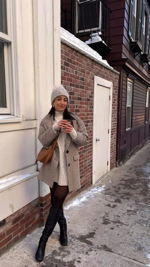 Cable-Knit Sweater Dress with Plaid Blazer and Knee-High Boots — NYC Winter Outfits