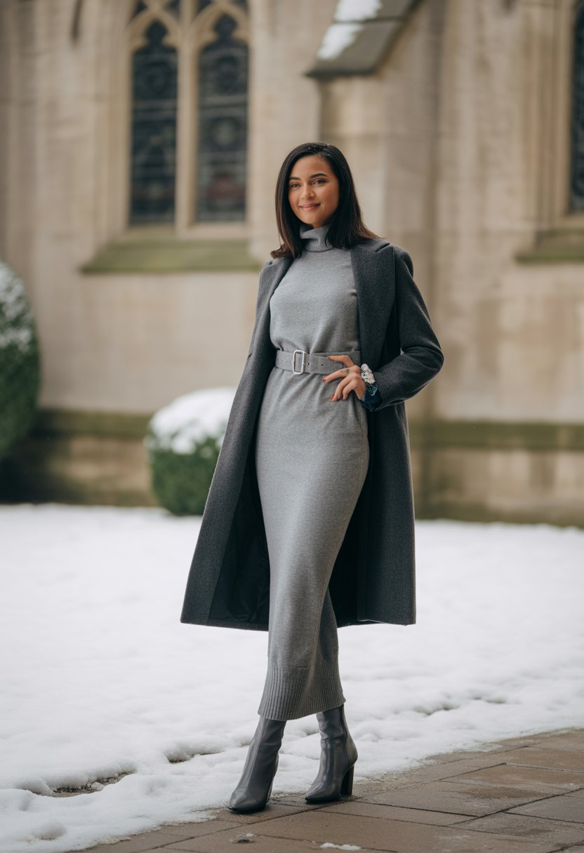 Grey Heeled Boots Outfit Idea Grey Heeled Boots Outfit Idea — Winter Church Outfits