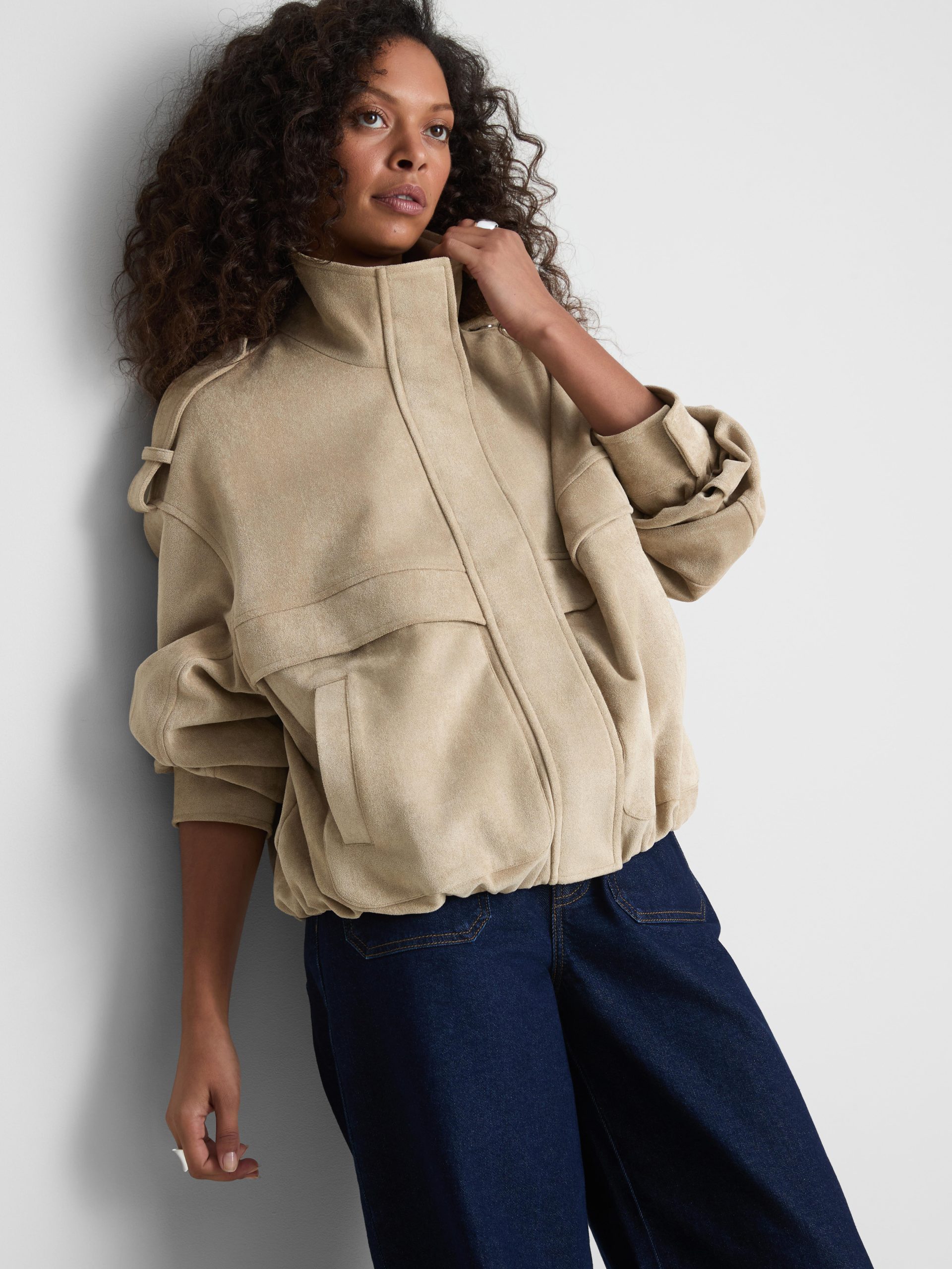Oversized Beige Bomber Jacket with Suede Texture — Winter Coats for Women