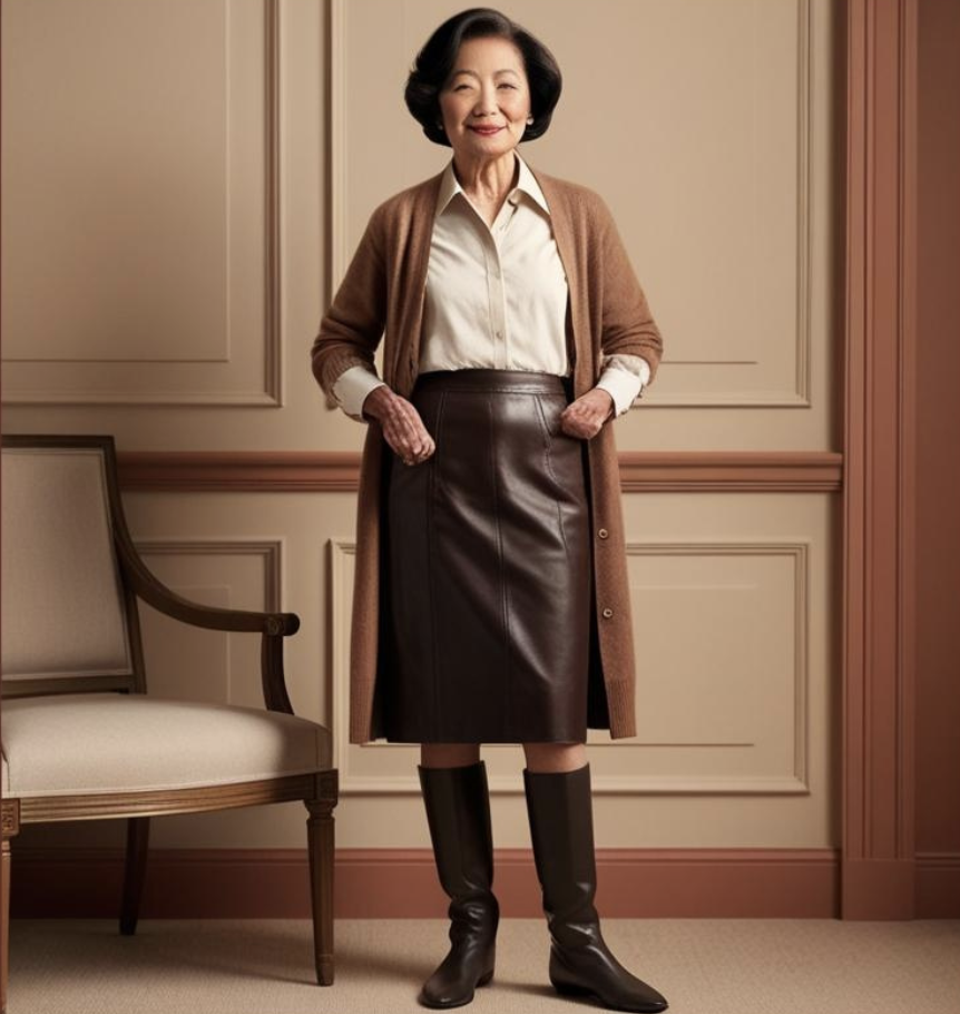 Leather Midi Skirt with Brown Cardigan and Boots Leather Midi Skirt with Brown Cardigan and Boots — Winter Outfits for Women Over 70