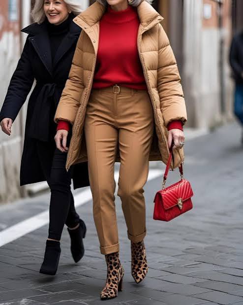 Tan Puffer Coat with Camel Pants and Leopard Boots Tan Puffer Coat with Camel Pants and Leopard Boots — Casual Winter Outfits for Women Over 50