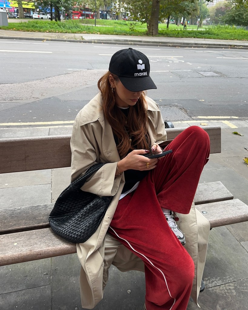 Red Velour Pants with Beige Trench Coat — Sweatpants Outfits