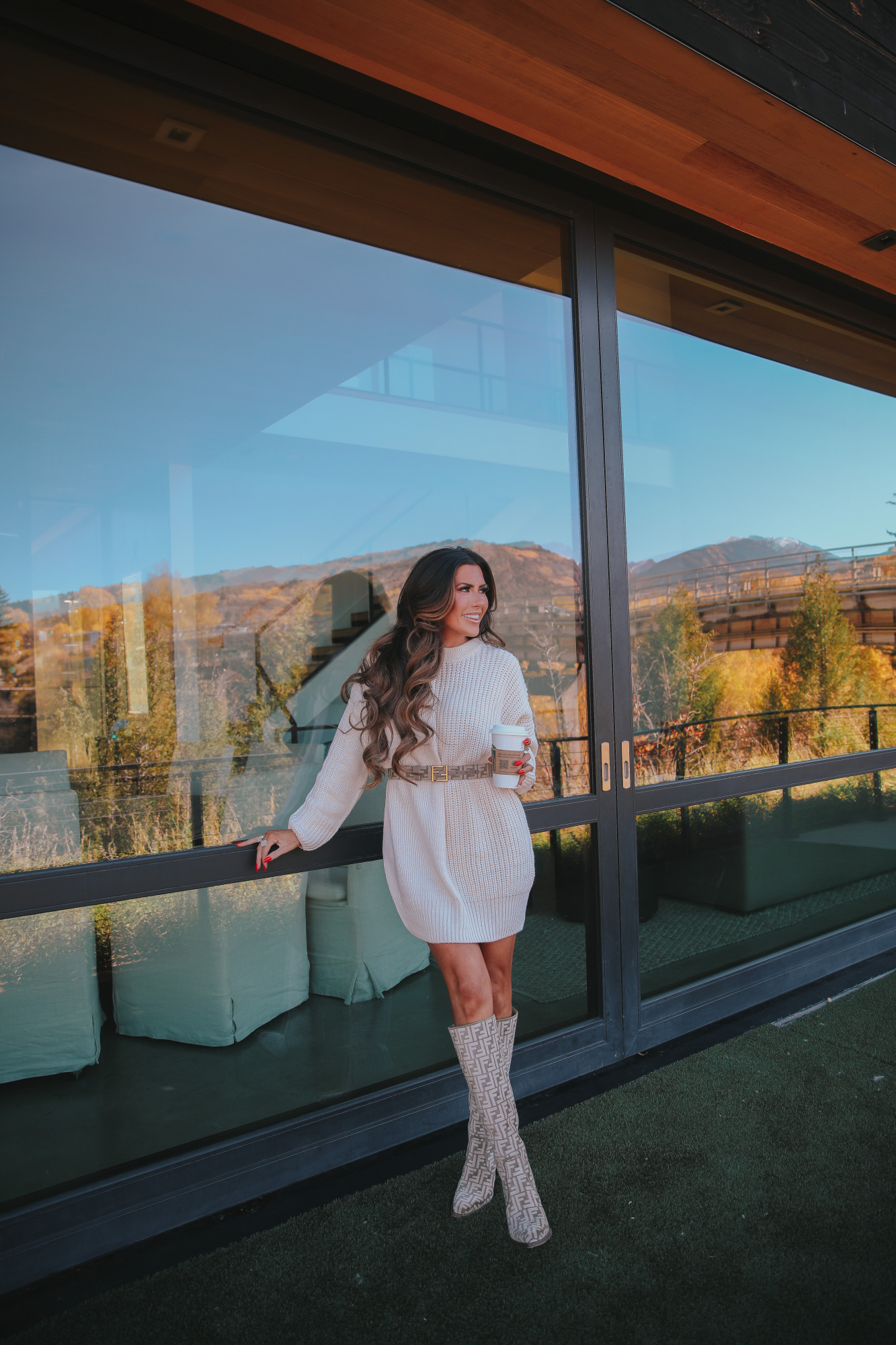 Cream Knit Sweater Dress with Metallic Belt and Patterned Boots — Sweater Dress Outfits