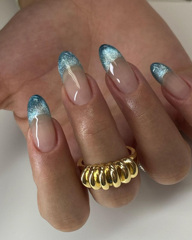 Blue Cat-Eye French Tip Almonds — Icy Blue Nails