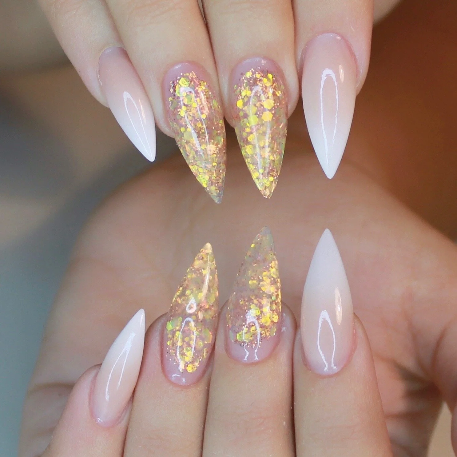 Nude to Pink Ombre Stiletto With Glitter Nude to Pink Ombre Stiletto With Glitter — Winter Stiletto Nails