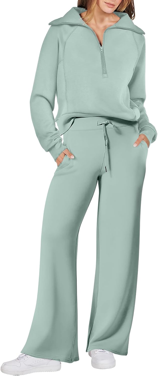 Mint Green Half-Zip Sweatshirt and Wide-Leg Pants — Loungewear Outfits