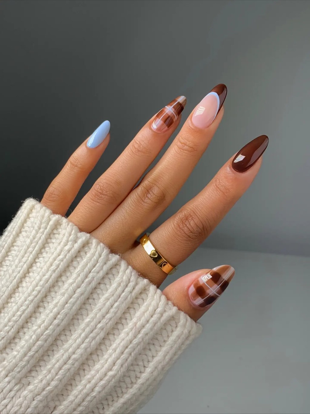 Brown Plaid and French Tip Almonds Brown Plaid and French Tip Almonds — Fall to Winter Nails