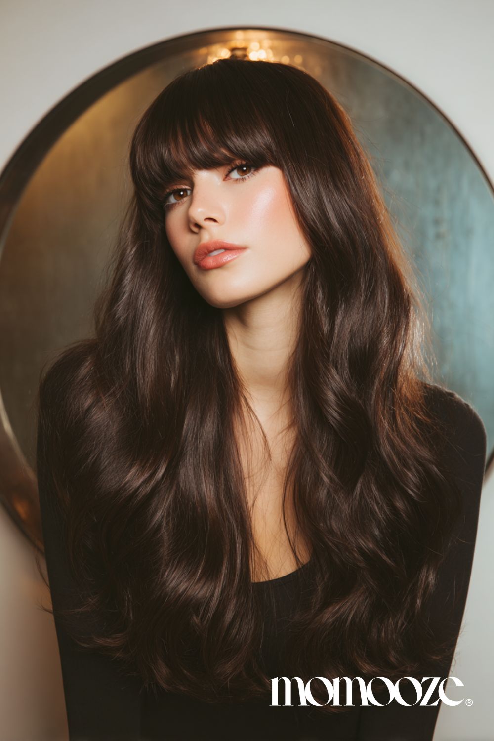 Full Bangs on Thick Dark Brown Hair — Long Winter Haircuts