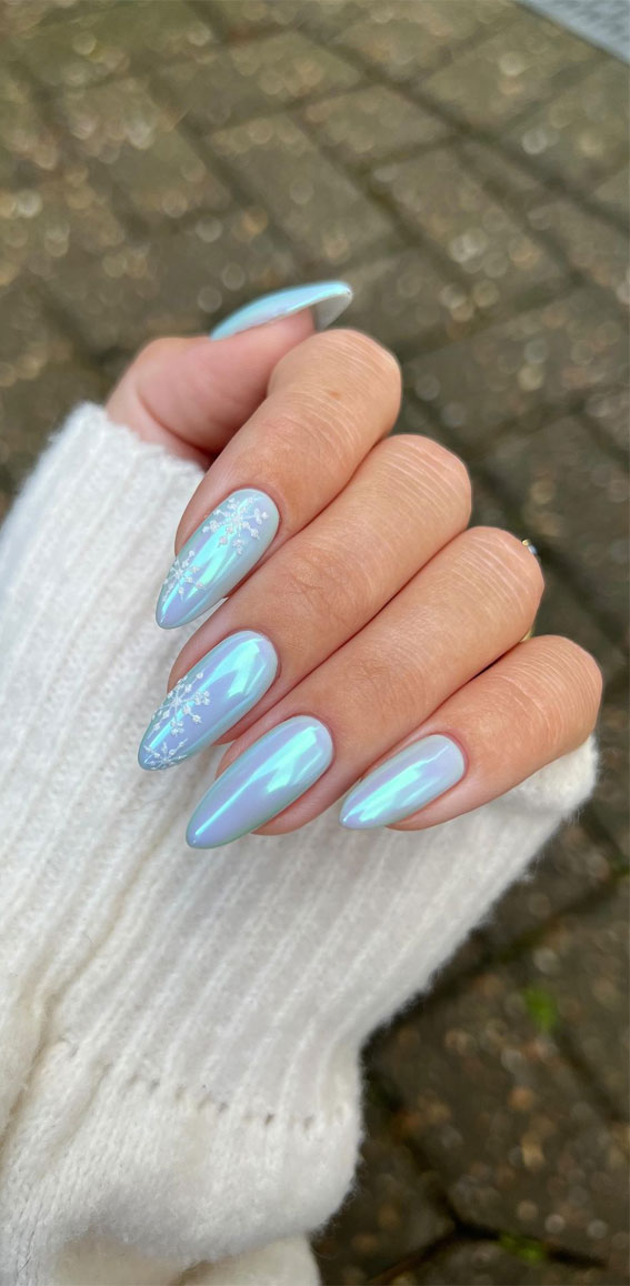 Pale Iridescent Blue Snowflakes — Icy Blue Nails